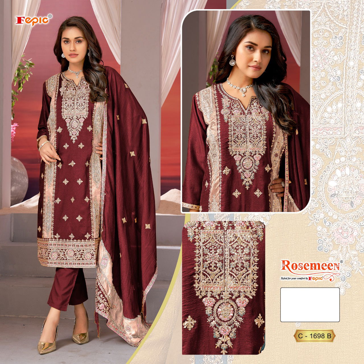 Rosemeen By Fepic Organza Embroidery Pakistani Suits Wholesale Price In Surat
